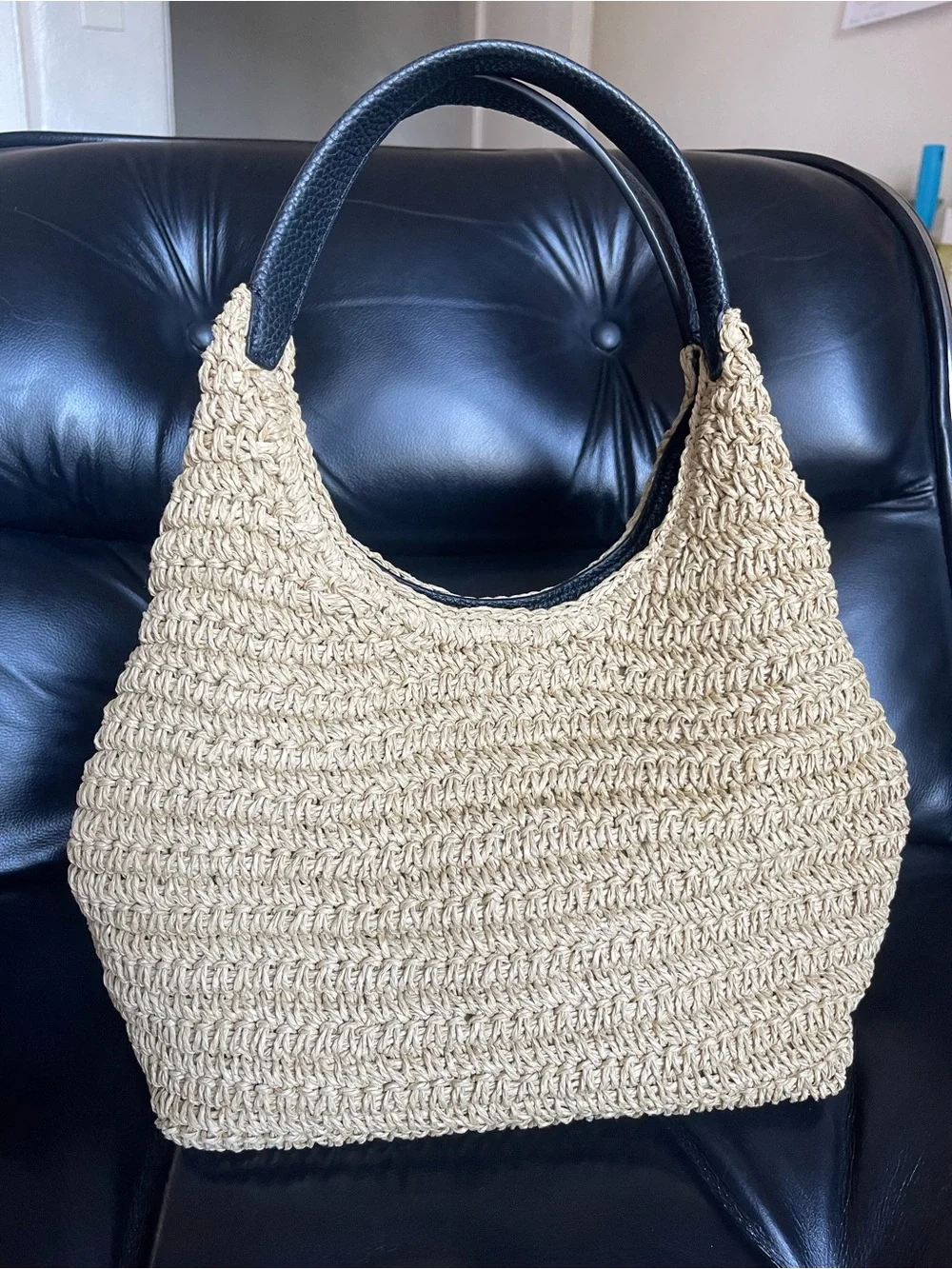 Rebecca Minkoff Darren Carrysome Raffia & Black Leather Shoulder Bag with Tags
